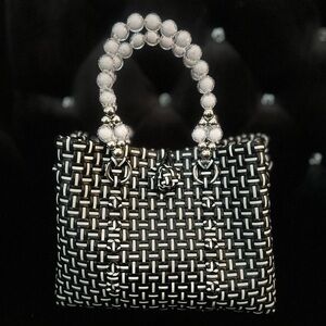 Black and White Woven Handbag with Beaded Handle